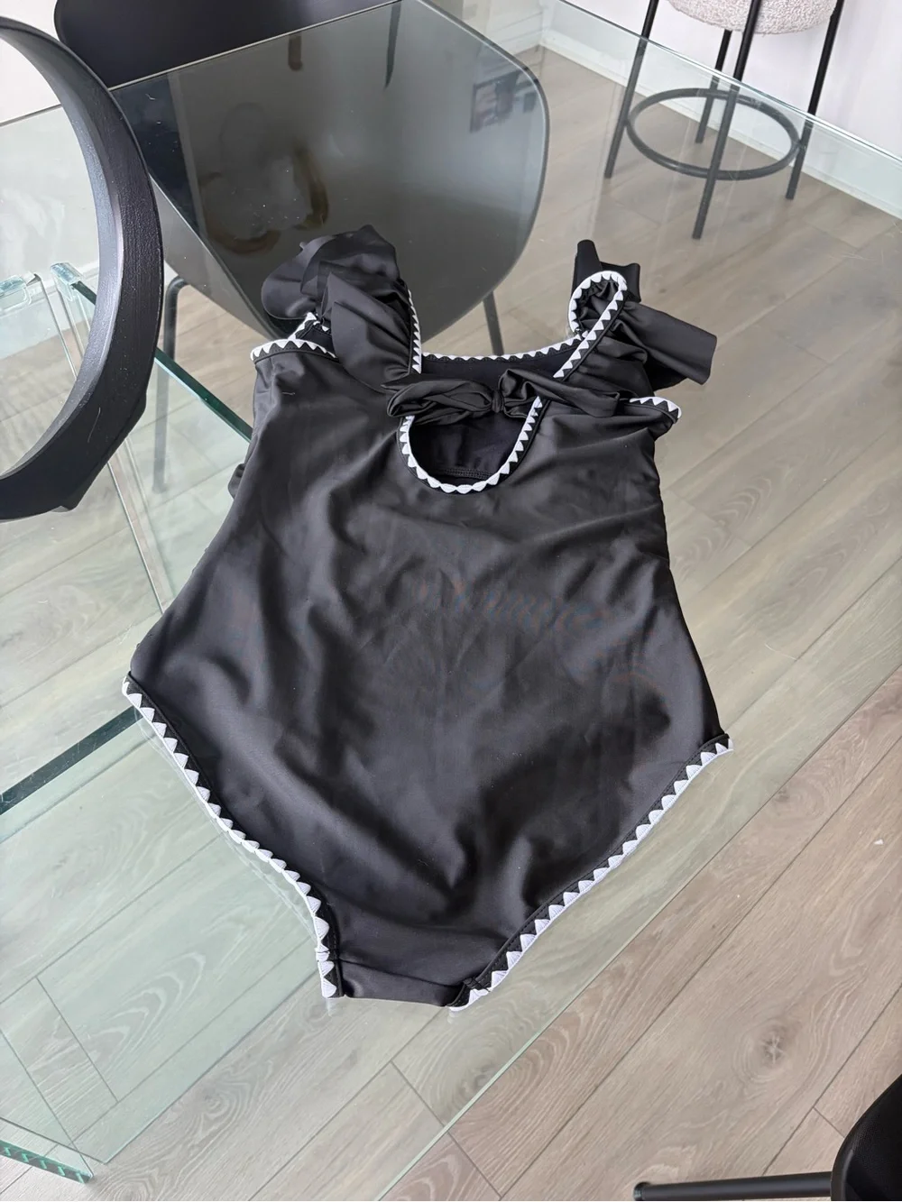 SHEIN Black One-Piece Swimsuit with White Scallop Trim